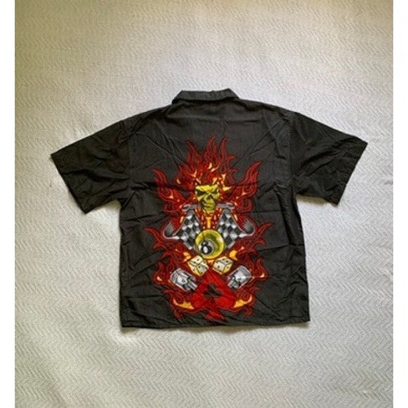VTG Y2K City Impact Shirt Mens 2XL Black Button Up Flame Skull Hotrod 8 ball NWT - Picture 3 of 4